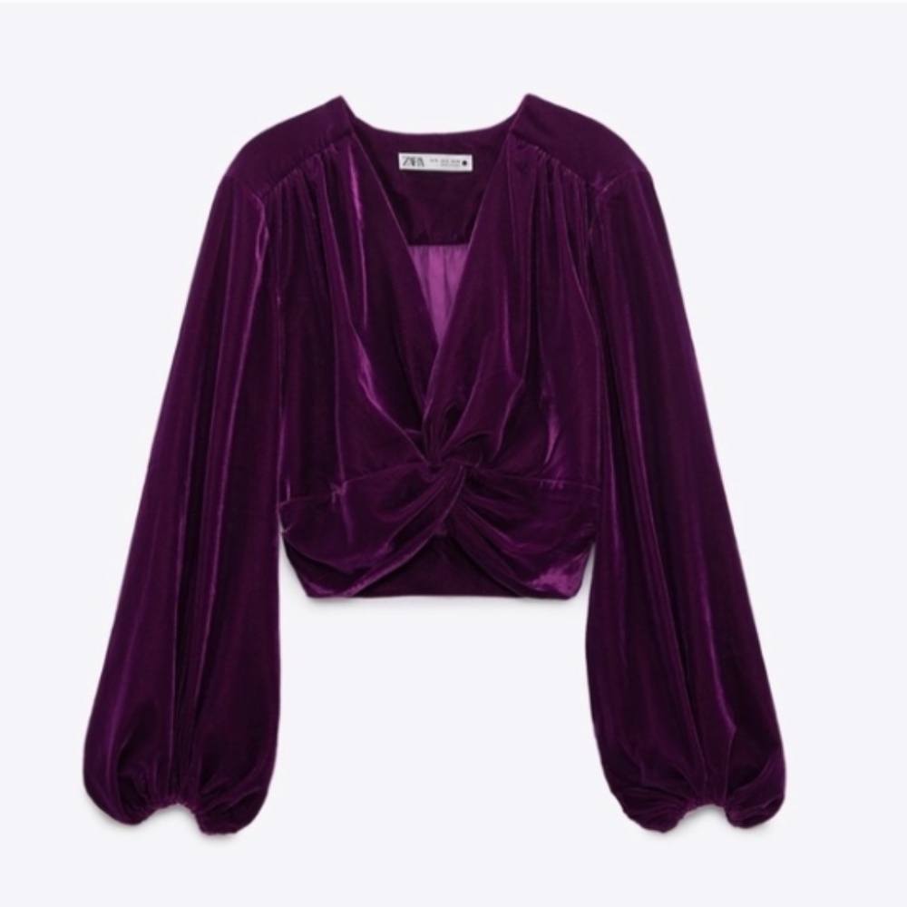 Zara Royal Purple Knotted Velvet Crop Top Size S